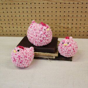 Handcrafted Chicken Plush Crochet Art Gift Pink Valentine's 5.5 inch Lot of 3